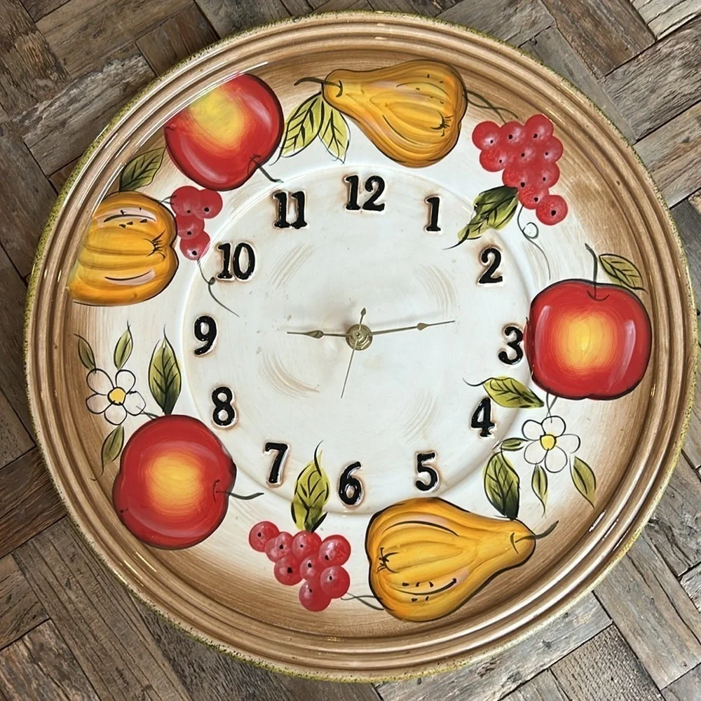 Vintage Rainbow Ceramic Wall Clock Fruit Flowers 13 1/4” diameter